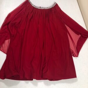 R&M Richards Women 2X Red Rhinestone Capelet‎ Chiffon Sheer Top Blouse Holiday